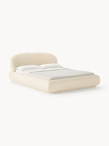 Cama tapizada redondeada en tejido bouclé Alba, Tapizado: tejido bouclé (100% polié, Estructura: tablero de fibra de alta , Bouclé blanco crema, An 140 x L 200 cm