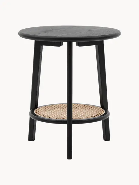 Table d'appoint ronde en chêne et rotin Skylar, Noir, beige, Ø 48 x haut. 55 cm