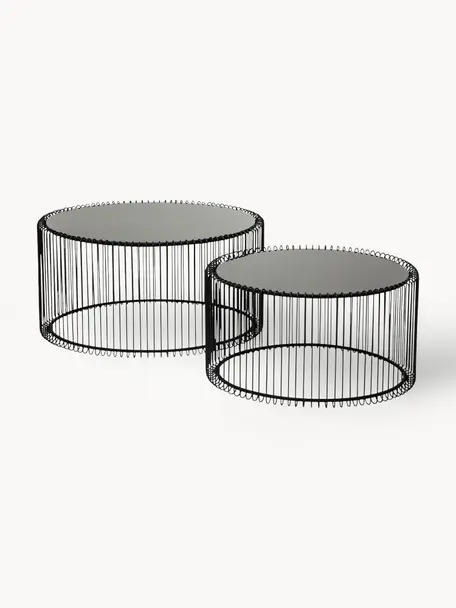 Súprava konferenčných stolíkov so sklenenou doskou Wire, 2 diely, čierna, zrkadlové sklo tónovaná čierna, Súprava s rôznymi veľkosťami