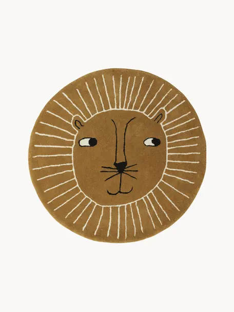 Kindervloerkleed Lion van wol, 80% wol, 20% katoen, Bruin, lichtbeige, Ø 95 cm