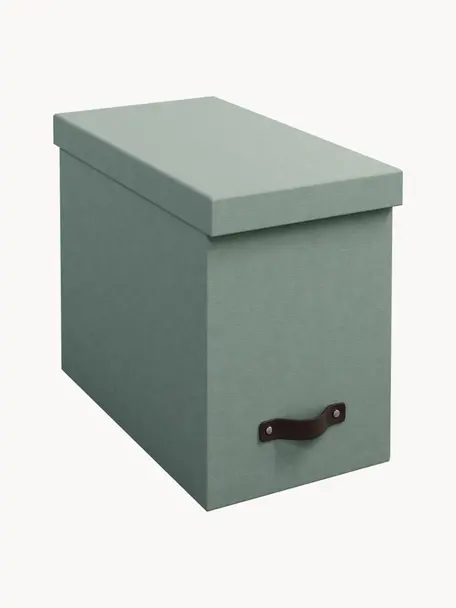 Hängeregister-Box Johan, Organizer: Fester Karton, mit Holzde, Griff: Leder, Salbeigrün, Dunkelbraun, B 19 x T 35 cm