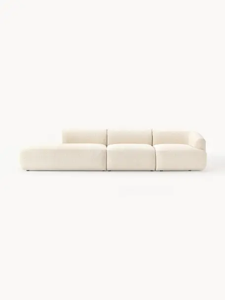 Diván modular grande en tejido bouclé Sofia, Tapizado: tejido bouclé (100% polié, Estructura: madera de pícea, aglomera, Patas: plástico Este producto es, Bouclé blanco Off White, An 340 x F 103 cm, módulo esquina derecha