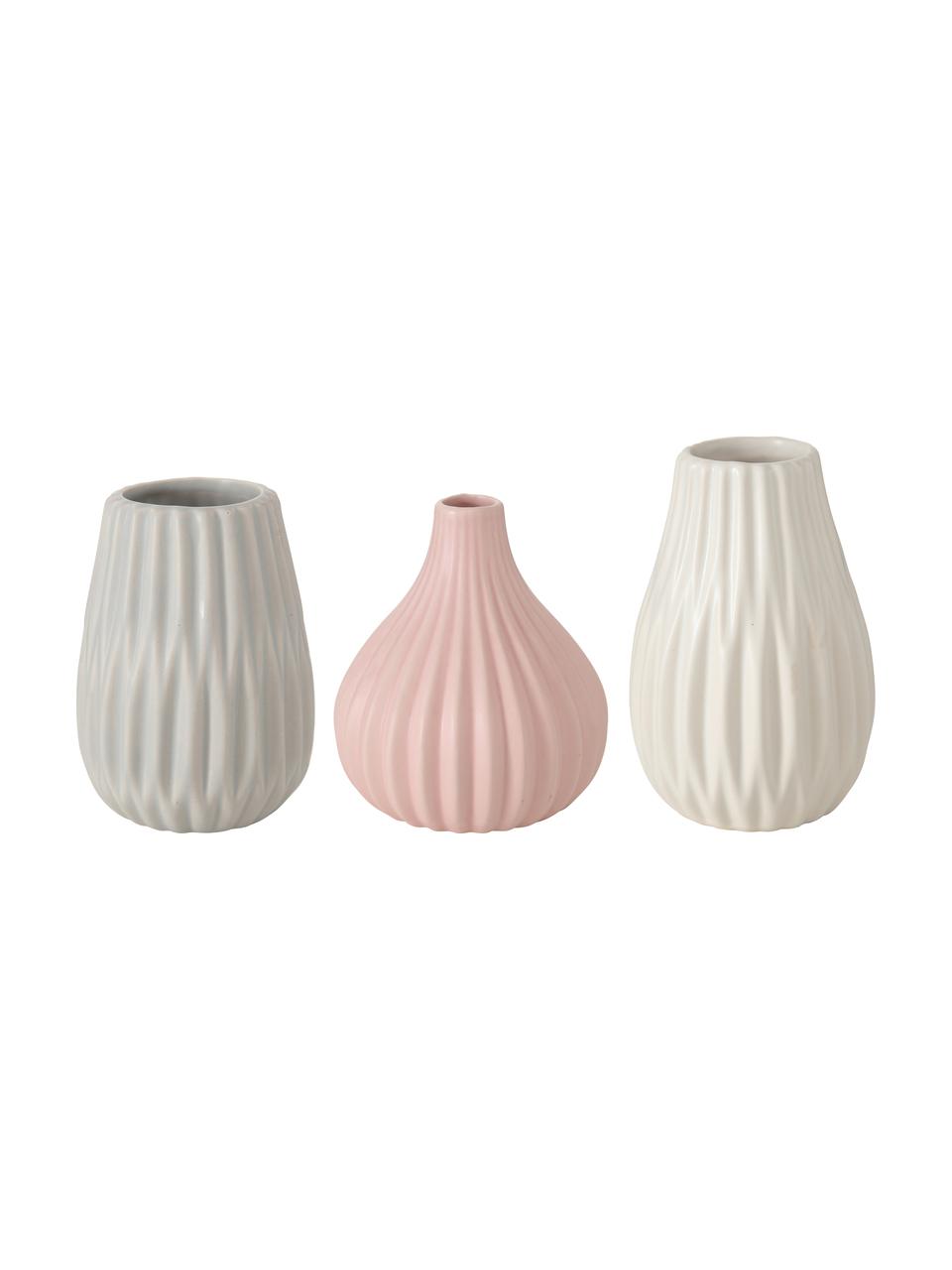 Set 3 vasi decorativi in gres Wilma, Gres, Grigio, bianco, rosa, Set in varie misure