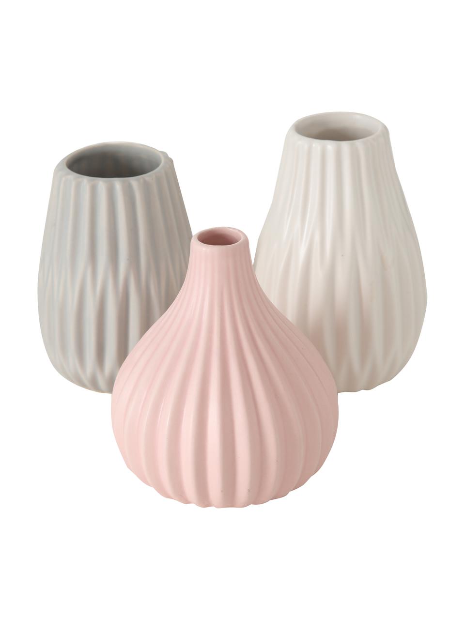 Set 3 vasi decorativi piccoli in gres Wilma, Gres, Grigio, bianco, rosa, Set in varie misure