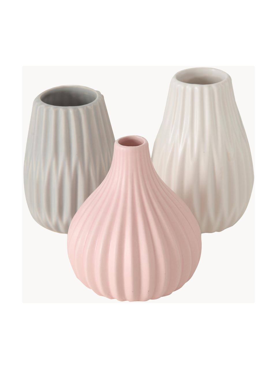 Petits vases en grès cérame Wilma, 3 élém., Grès cérame, Gris clair, rose pâle, blanc cassé, Lot de différentes tailles