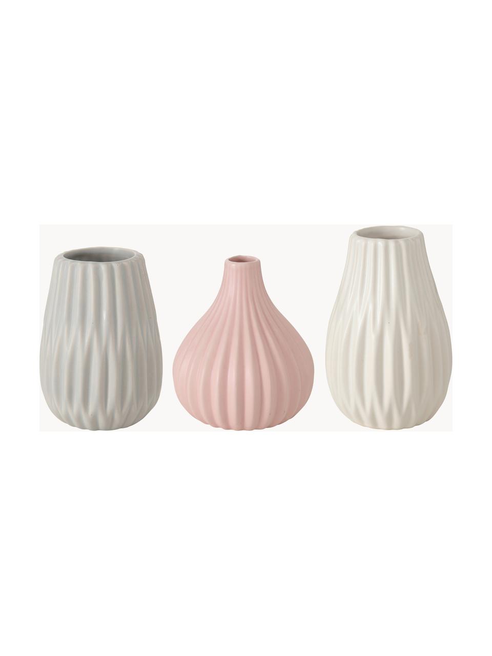 Petits vases en grès cérame Wilma, 3 élém., Grès cérame, Gris clair, rose pâle, blanc cassé, Lot de différentes tailles