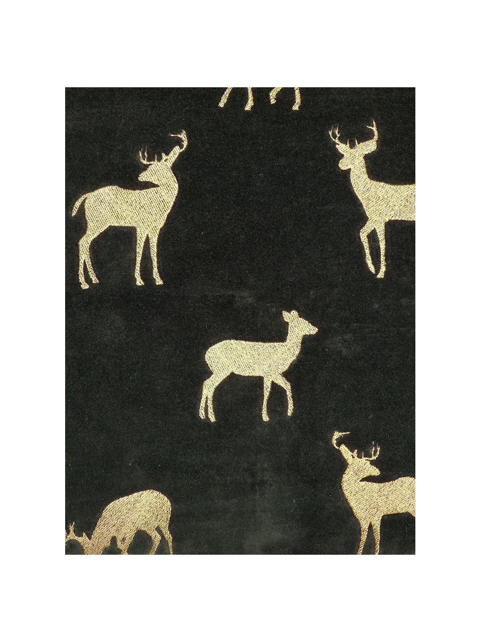 Geborduurde fluwelen kussenhoes Deerhunter in donkergroen, 100% katoenfluweel, Zwart, goudkleurig, hertenpatroon, B 50 x L 50 cm