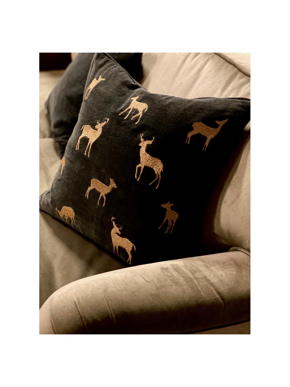 Housse de coussin 50x50 brodé noir Deerhunter, 100 % velours de coton, Noir, couleur dorée, larg. 50 x long. 50 cm