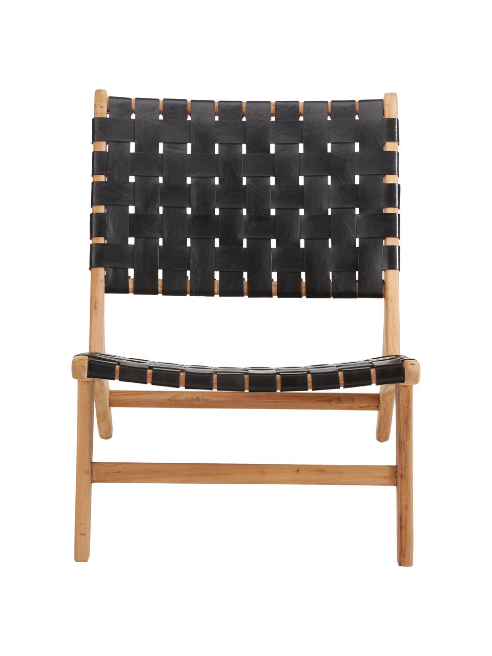 Leren loungefauteuil Coffee met houten frame, Frame: natuurlijk teakhout, Teakhoutkleurig, zwart, B 63  x D 75 cm