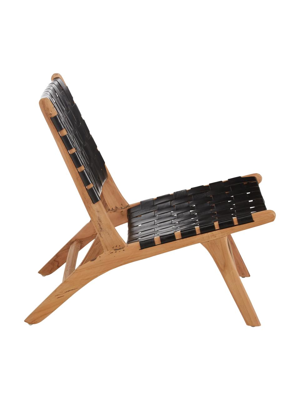 Leren loungefauteuil Coffee met houten frame, Frame: natuurlijk teakhout, Teakhoutkleurig, zwart, B 63  x D 75 cm