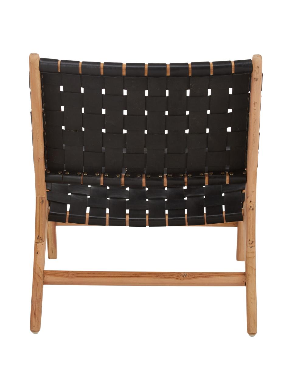 Leren loungefauteuil Coffee met houten frame, Frame: natuurlijk teakhout, Teakhoutkleurig, zwart, B 63  x D 75 cm