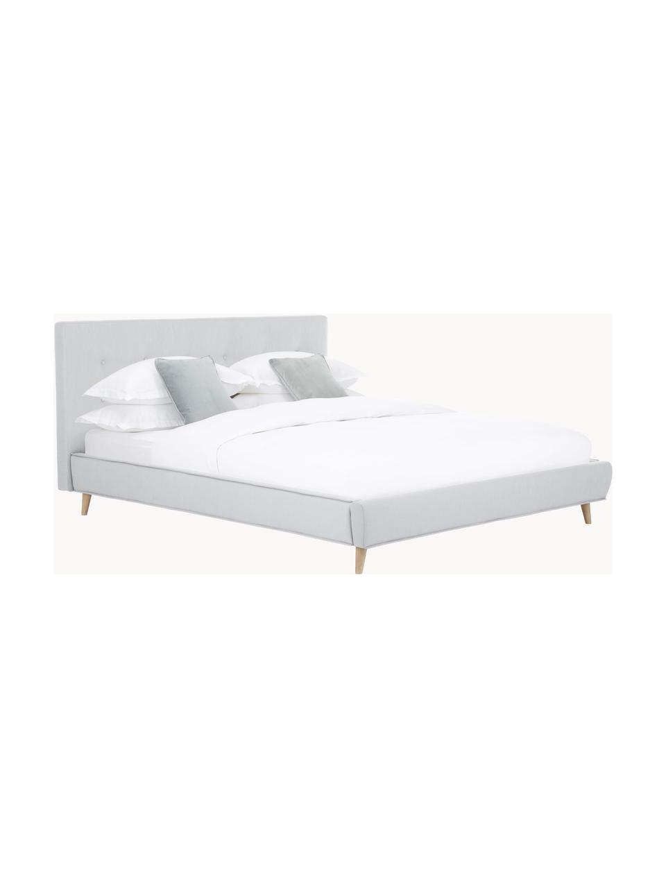 Cama tapizada Moon, Tapizado: poliéster (texturizado) R, Estructura: madera de pino maciza con, Patas: madera de roble maciza, Tejido gris claro, An 140 x L 200 cm