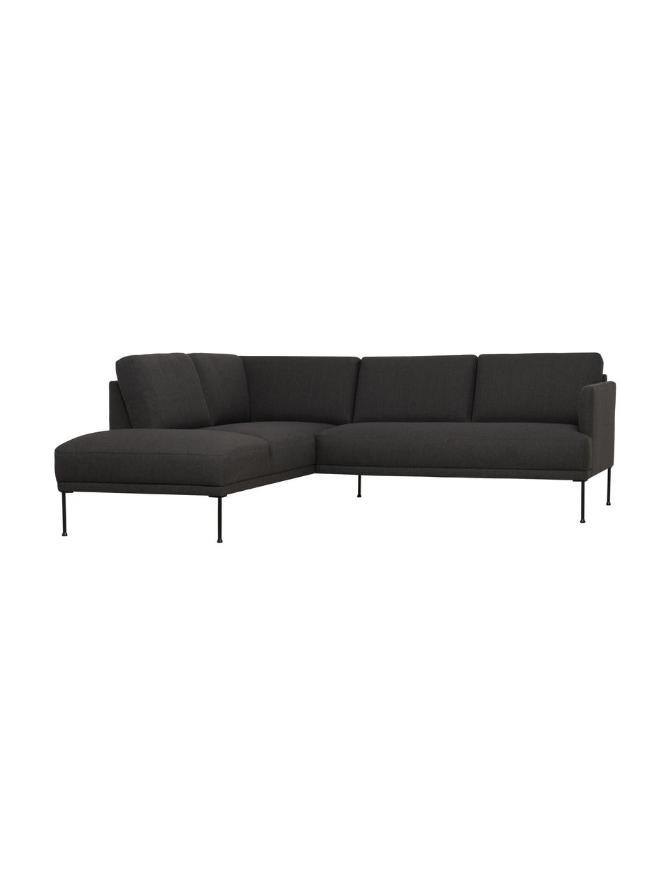 Divano angolare con piedini in metallo Fluente, Rivestimento: 100% poliestere Con 40.00, Struttura: legno di pino massiccio, , Piedini: metallo verniciato a polv, Tessuto grigio scuro, Larg. 221 x Prof. 200 cm, chaise longue a sinistra