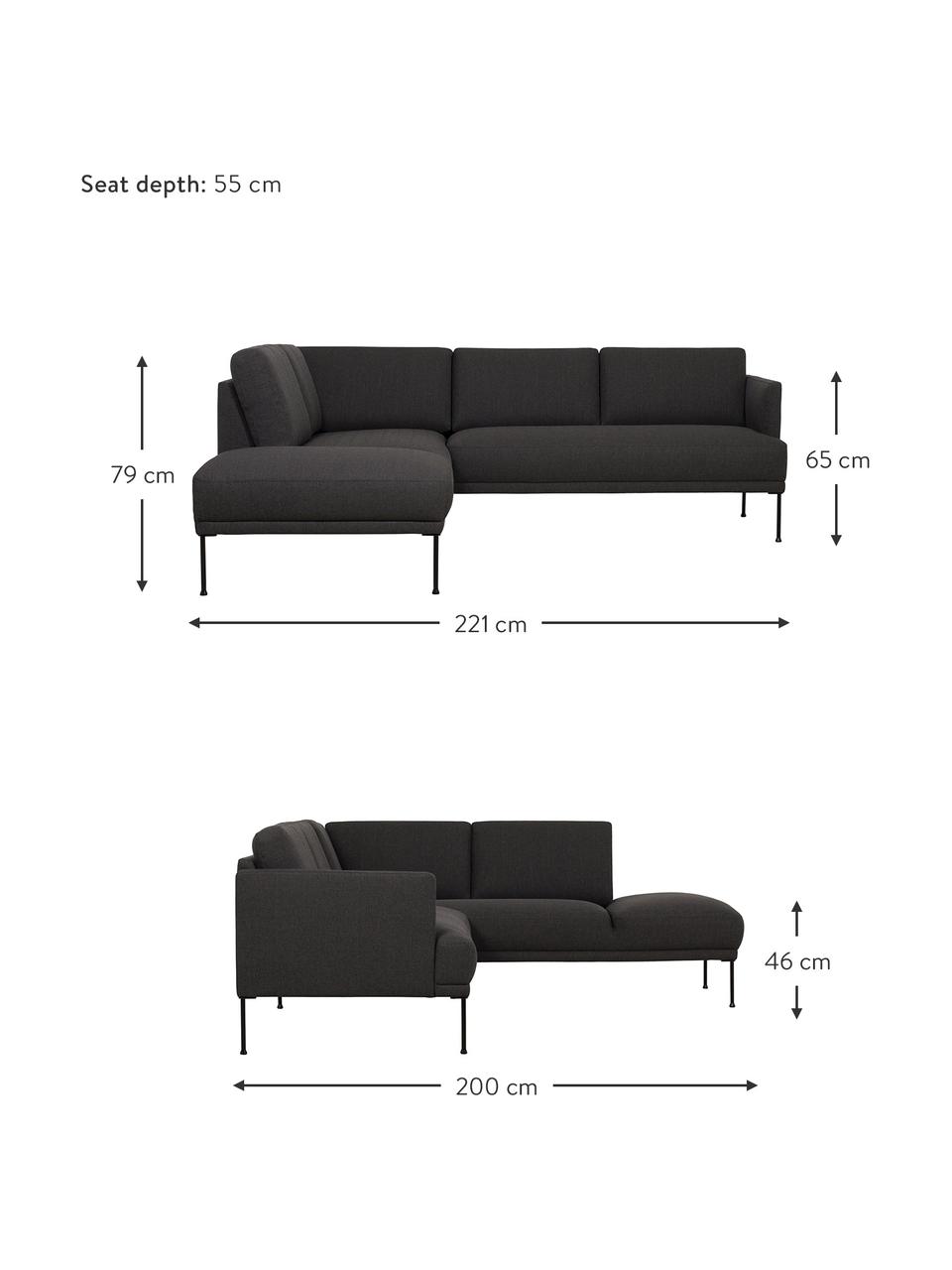 Canapé d'angle en tissu pieds en métal Fluente, Tissu gris foncé, larg. 221 x prof. 200 cm, méridienne à gauche