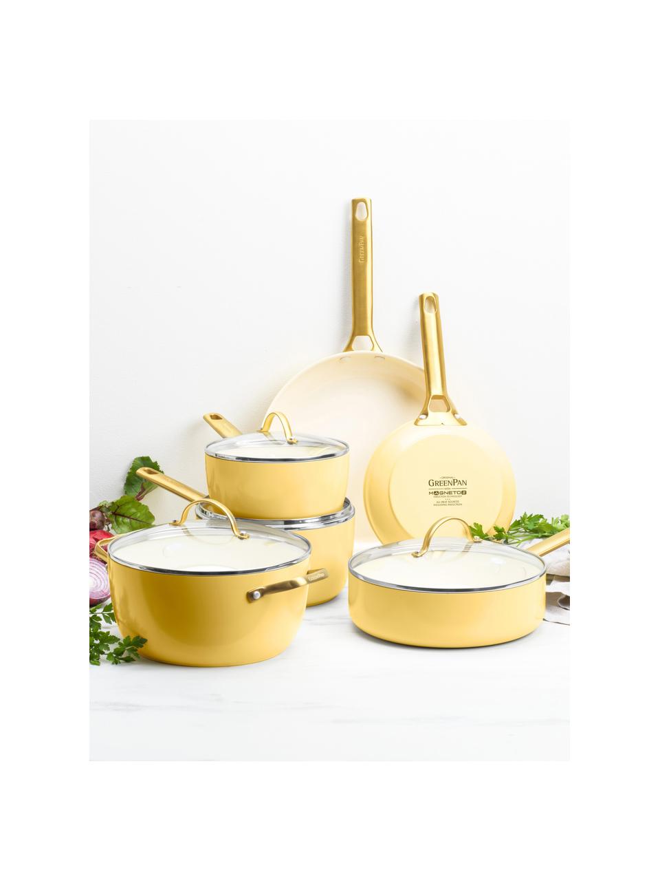 Batteria di pentole con rivestimento antiaderente Padova 10 pz, Coperchio: vetro, Giallo sole, bianco crema, dorato, Set in varie misure