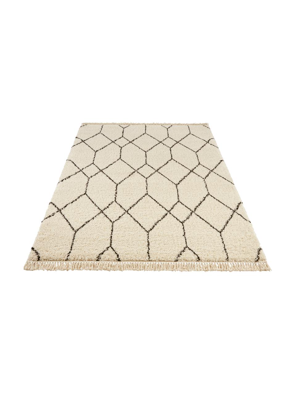 Hoogpolig vloerkleed Mila met franjes in crèmekleur/zwart met grafisch patroon, 100% polypropyleen, Beige, zwart, B 80 x L 150 cm (maat XS)