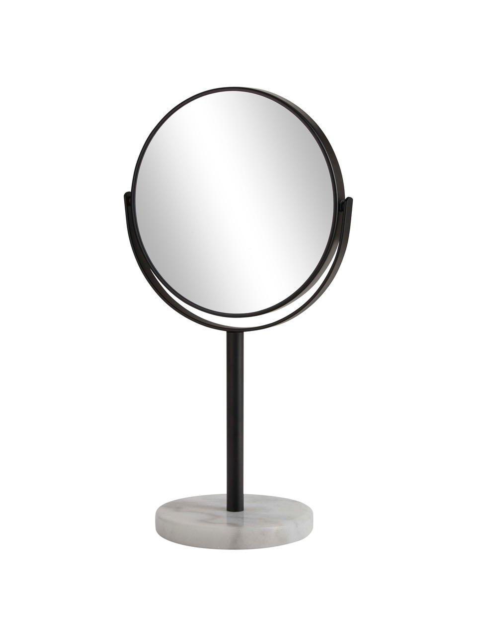 Ronde make-up spiegel Ramona met witte marmeren voet, Lijst: metaal, Voet: marmer, Zwart, wit marmer, Ø 20 x H 34 cm