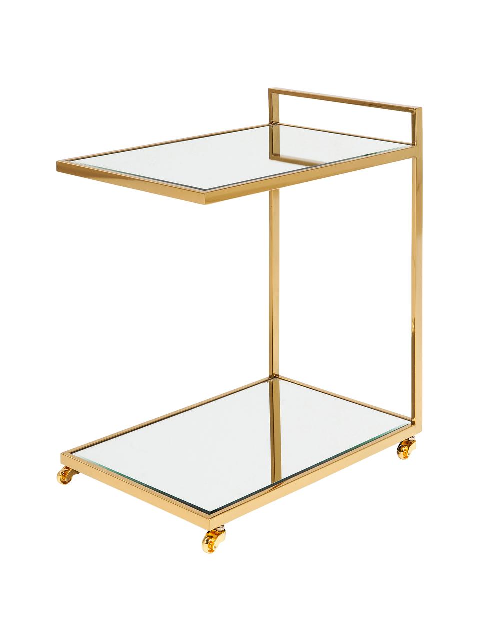 Bar cart Classy goudkleurig met spiegelglas, Frame: vermessingd edelstaal, Plateaus: gespiegeld glas, Wieltjes: kunststof, Frame: goudkleurig. Plateaus: glas. Wieltjes: wit, 50 x 64 cm