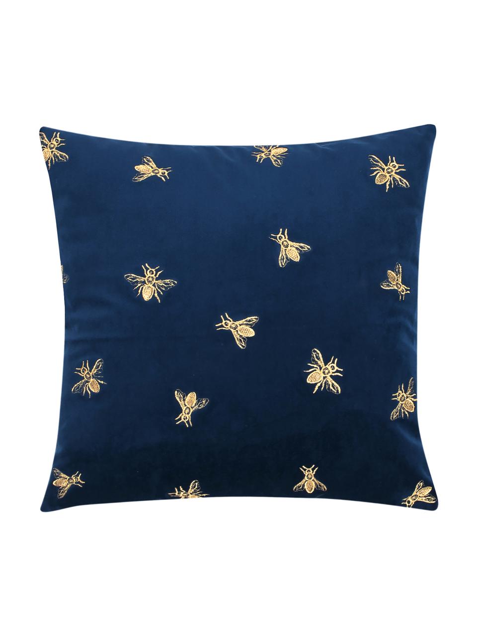 Housse de coussin 45x45 en velours brodé Nora, 100 % velours de polyester, Bleu marine, larg. 45 x long. 45 cm