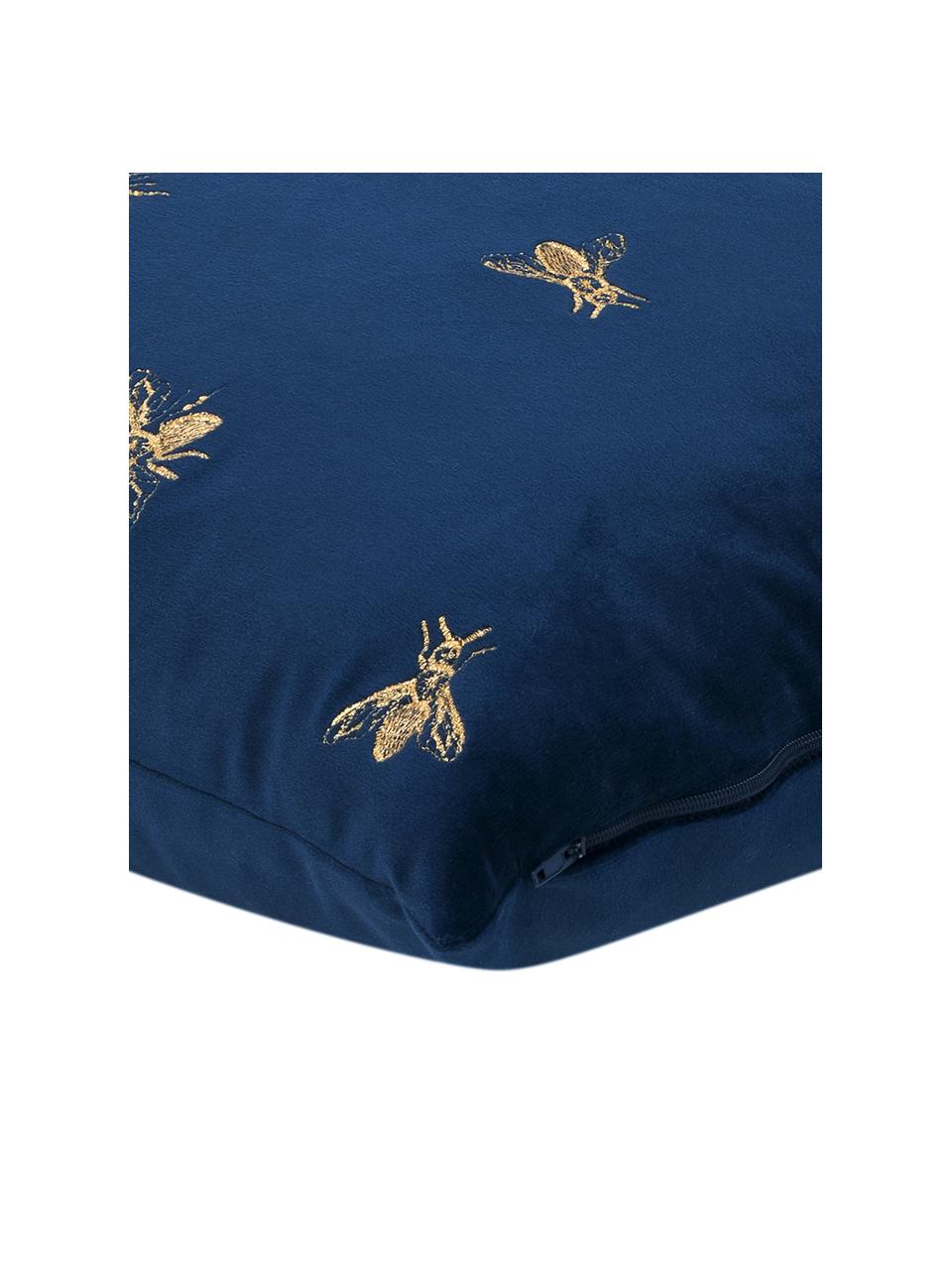 Geborduurde fluwelen kussenhoes Nora in blauw /goudkleur, 100% polyester fluweel, Marineblauw, 45 x 45 cm