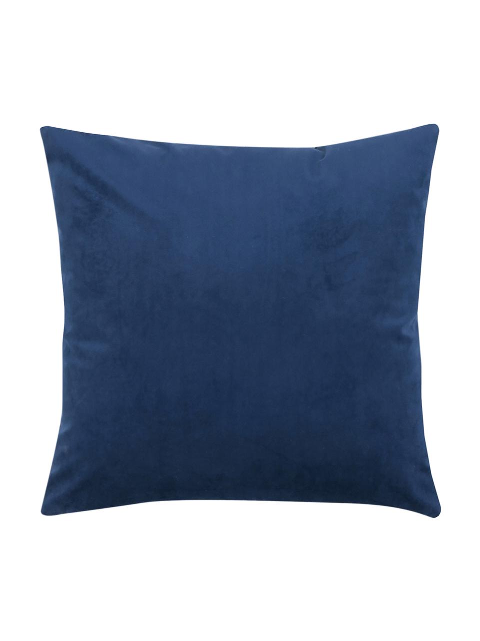 Bestickte Samt-Kissenhülle Nora in Blau/Gold, 100% Polyestersamt, Navyblau, 45 x 45 cm