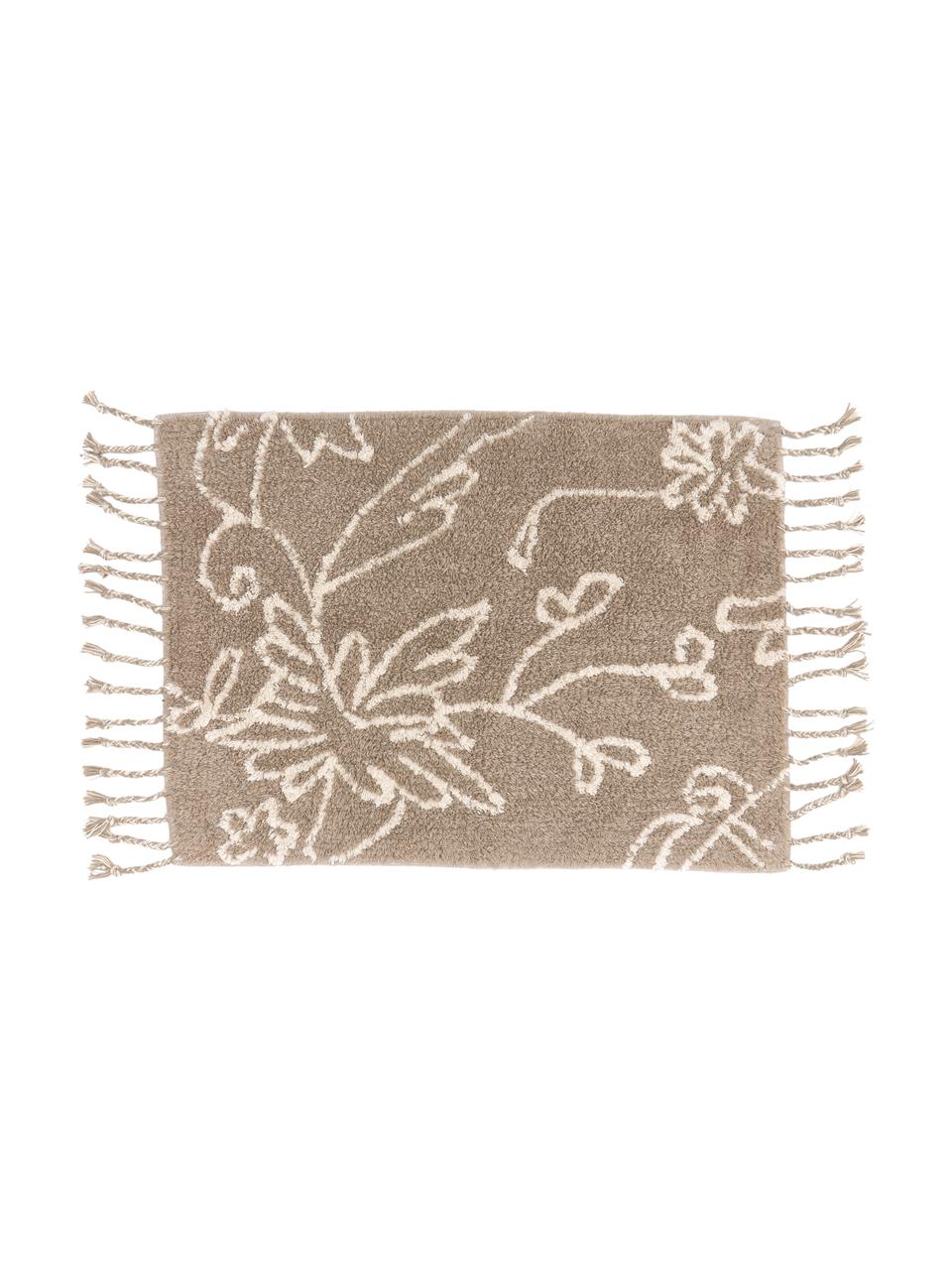 Badvorleger Lotus mit Fransen, 100% Baumwolle, Beige, Weiss, mit Floralem-Muster, B 50 x L 70 cm