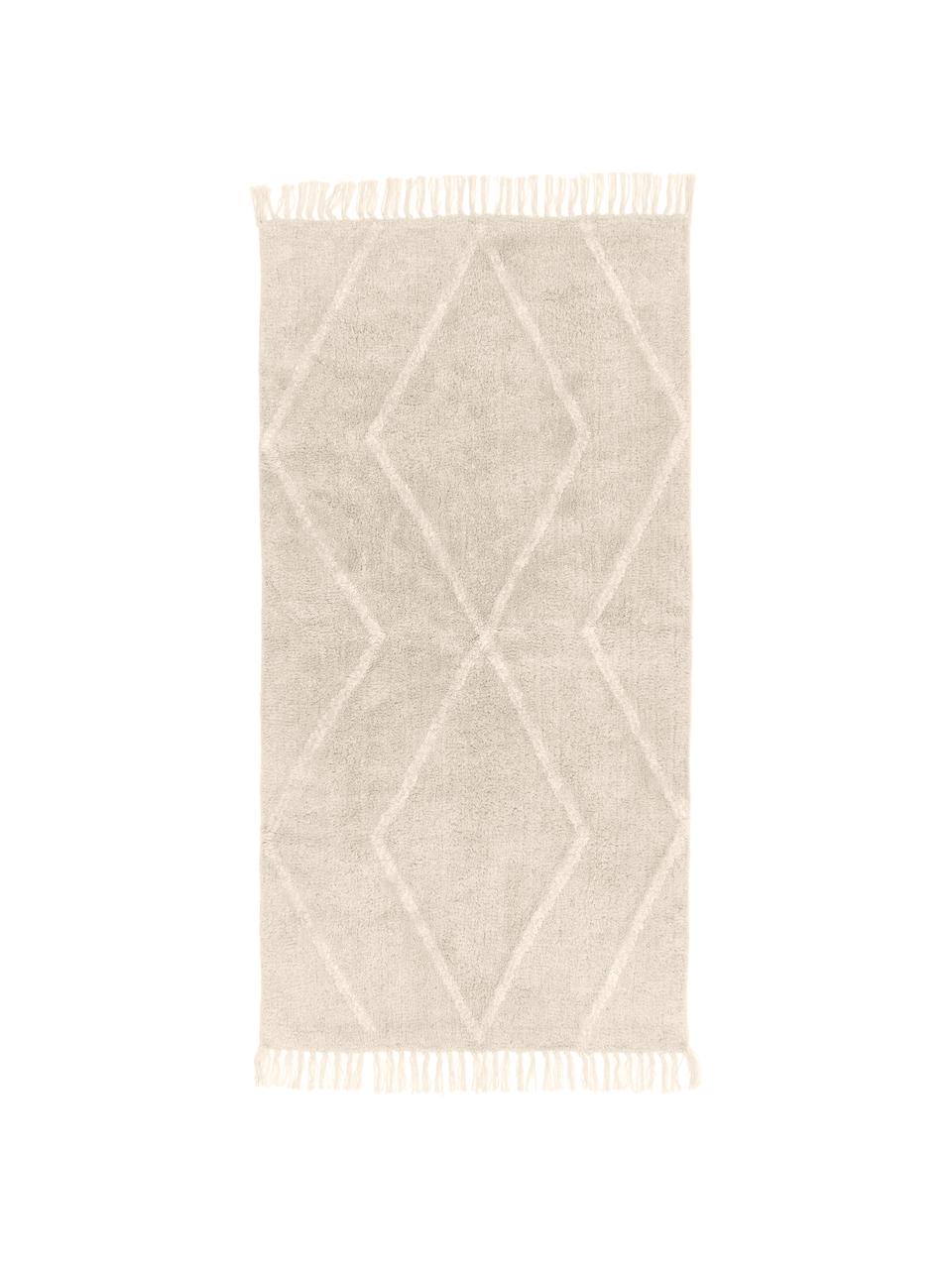 Tapis bohème coton beige à motif, tufté main Bina, Beige, blanc, larg. 80 x long. 150 cm (taille XS)