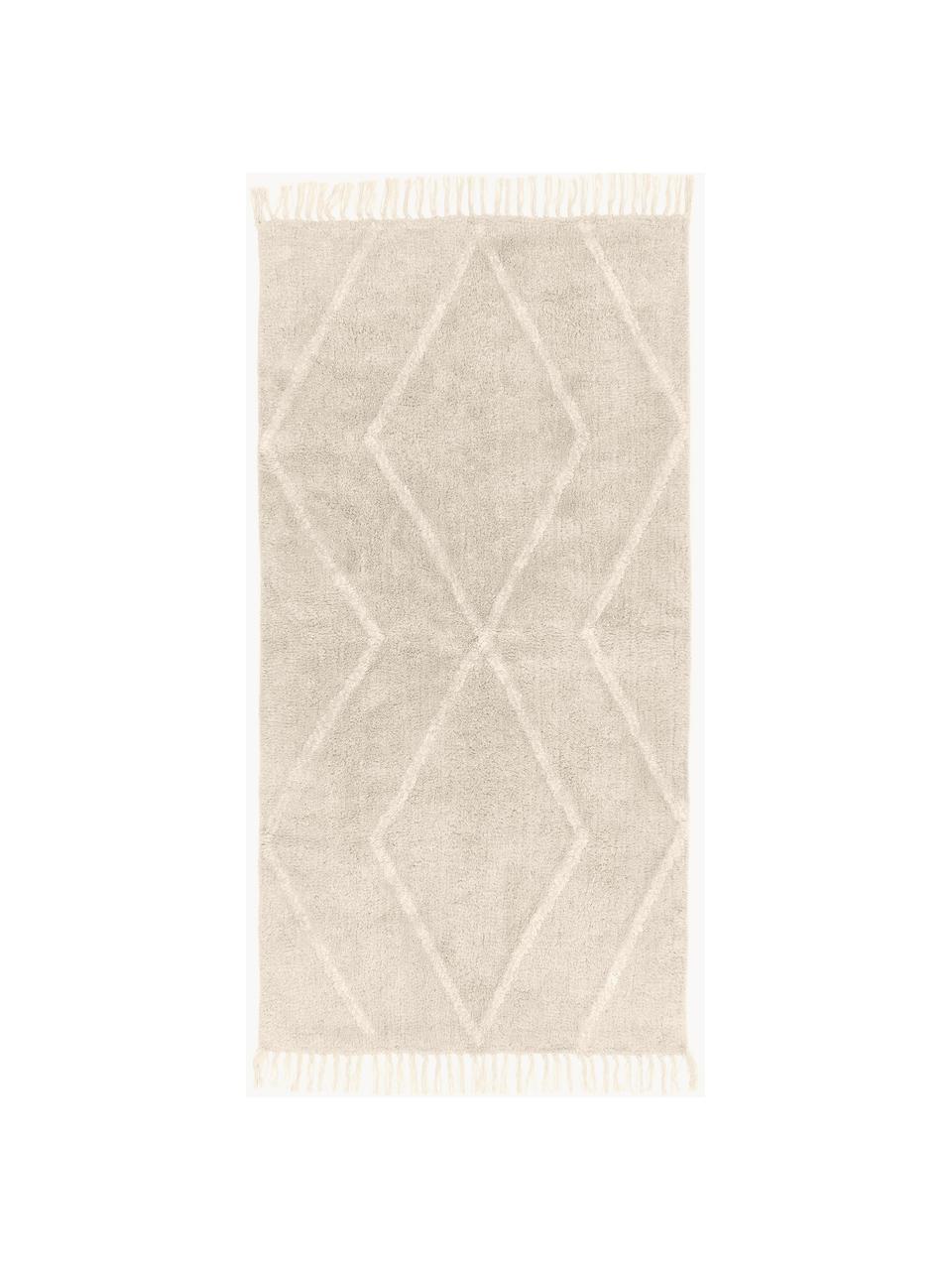 Handgetuft katoenen vloerkleed Bina met ruitjesmotief en franjes, Beige, B 80 x L 150 cm (maat XS)