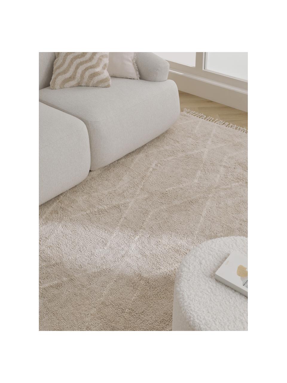 Alfombra artesanal de algodón con flecos Bina, Beige, An 80 x L 150 cm (Tamaño XS)