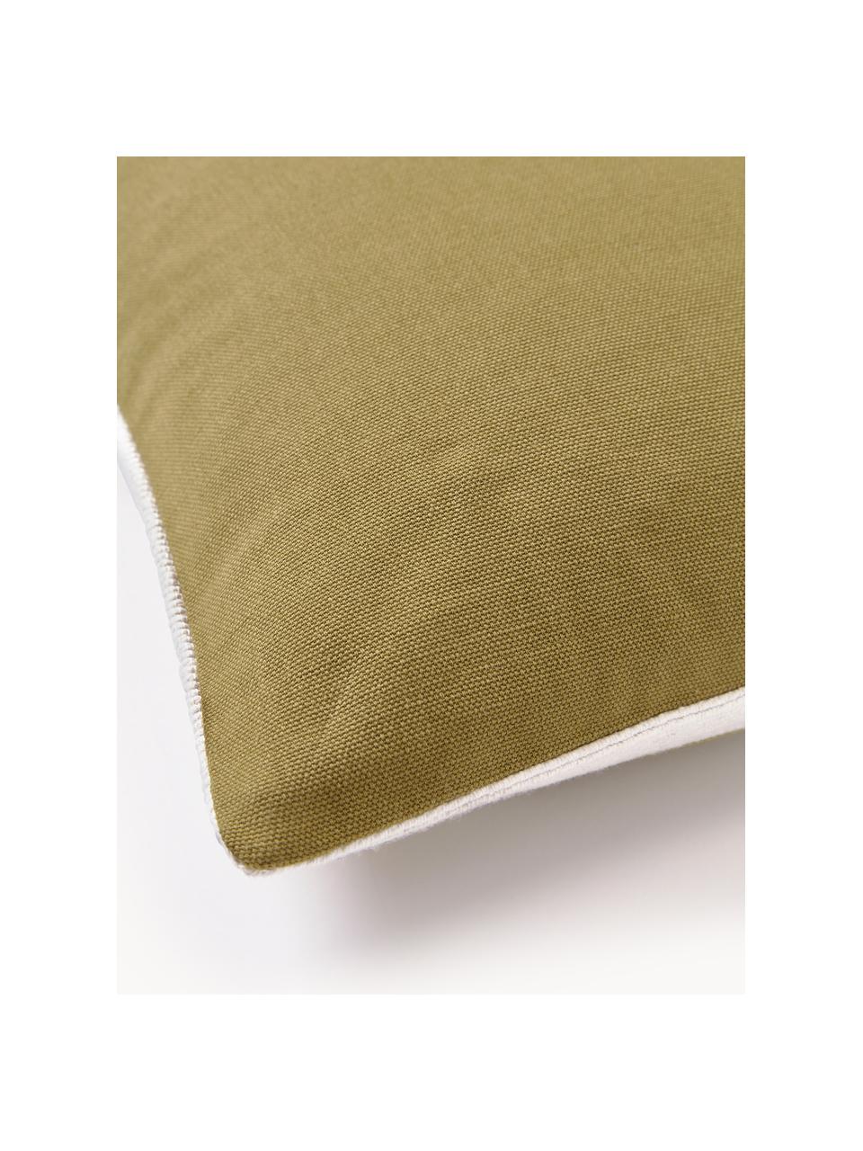 Housse de coussin 45x45 motif abstrait brodé Maree, 100 % coton, Vert olive, blanc cassé, larg. 45 x long. 45 cm