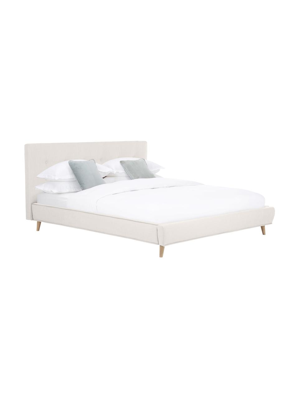 Letto imbottito con piedini in legno Moon, Rivestimento: poliestere (tessuto testu, Piedini: legno massiccio di querci, Tessuto greige, Larg. 140 x Lung. 200 cm