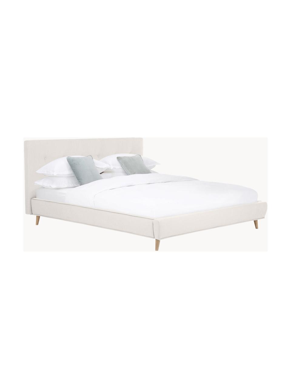 Gestoffeerd bed Moon met houten poten, Bekleding: polyester (gestructureerd, Frame: massief grenenhout, FSC-g, Poten: massief eikenhout, Geweven stof lichtbeige, B 160 x L 200 cm