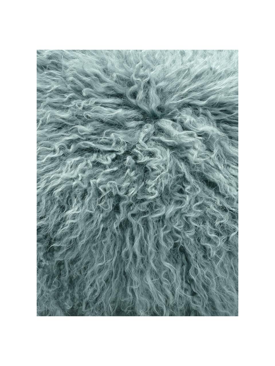 Kussenhoes van langharige schapenvacht Ella, gekruld, Donker turquoise, 40 x 40 cm