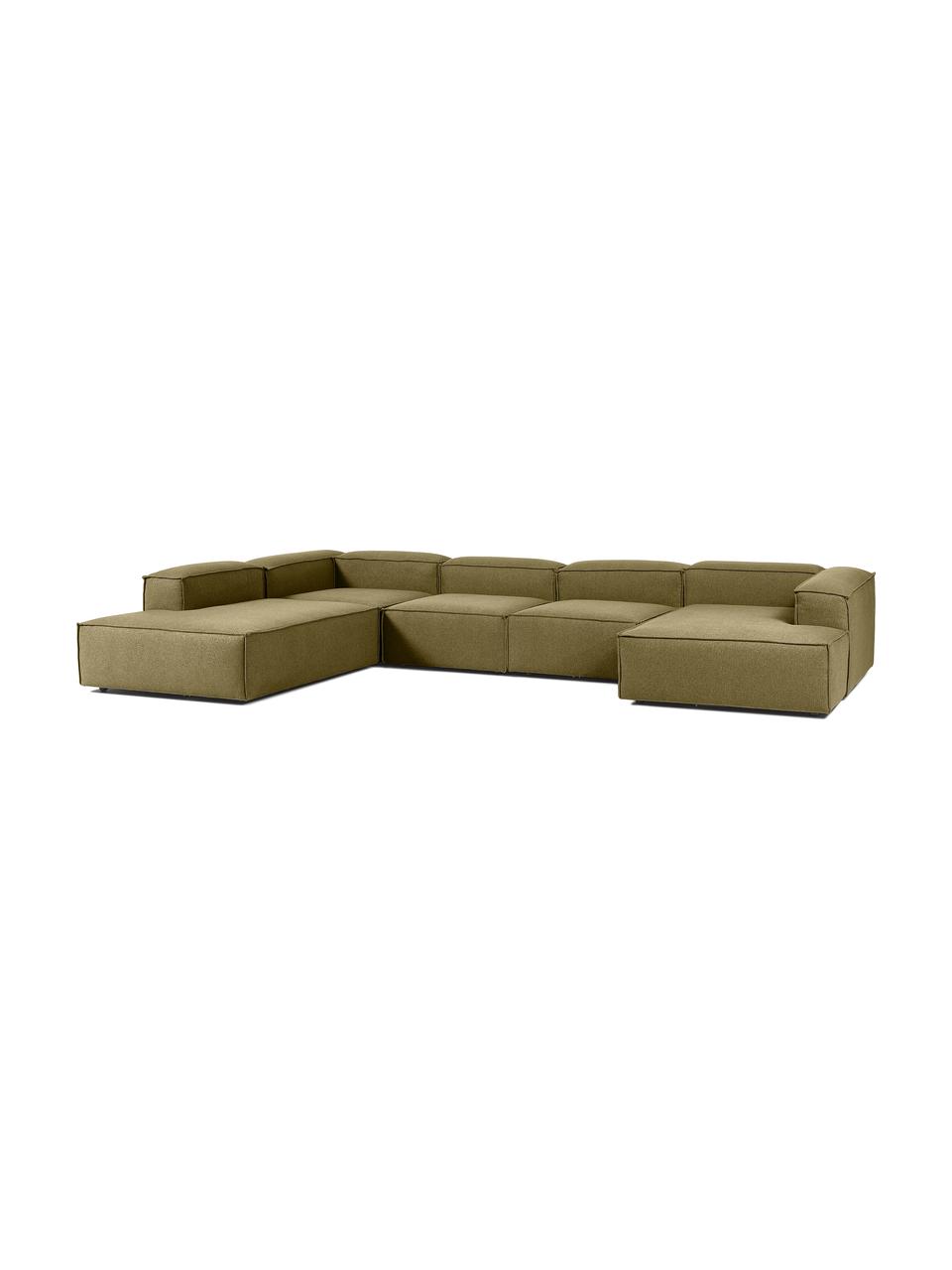 Divano angolare componibile Lennon, Rivestimento: 100% poliestere Con 115.0, Struttura: legno di pino massiccio, , Piedini: plastica, Tessuto verde, Larg. 418 x Alt. 68 cm, chaise-longue a sinistra