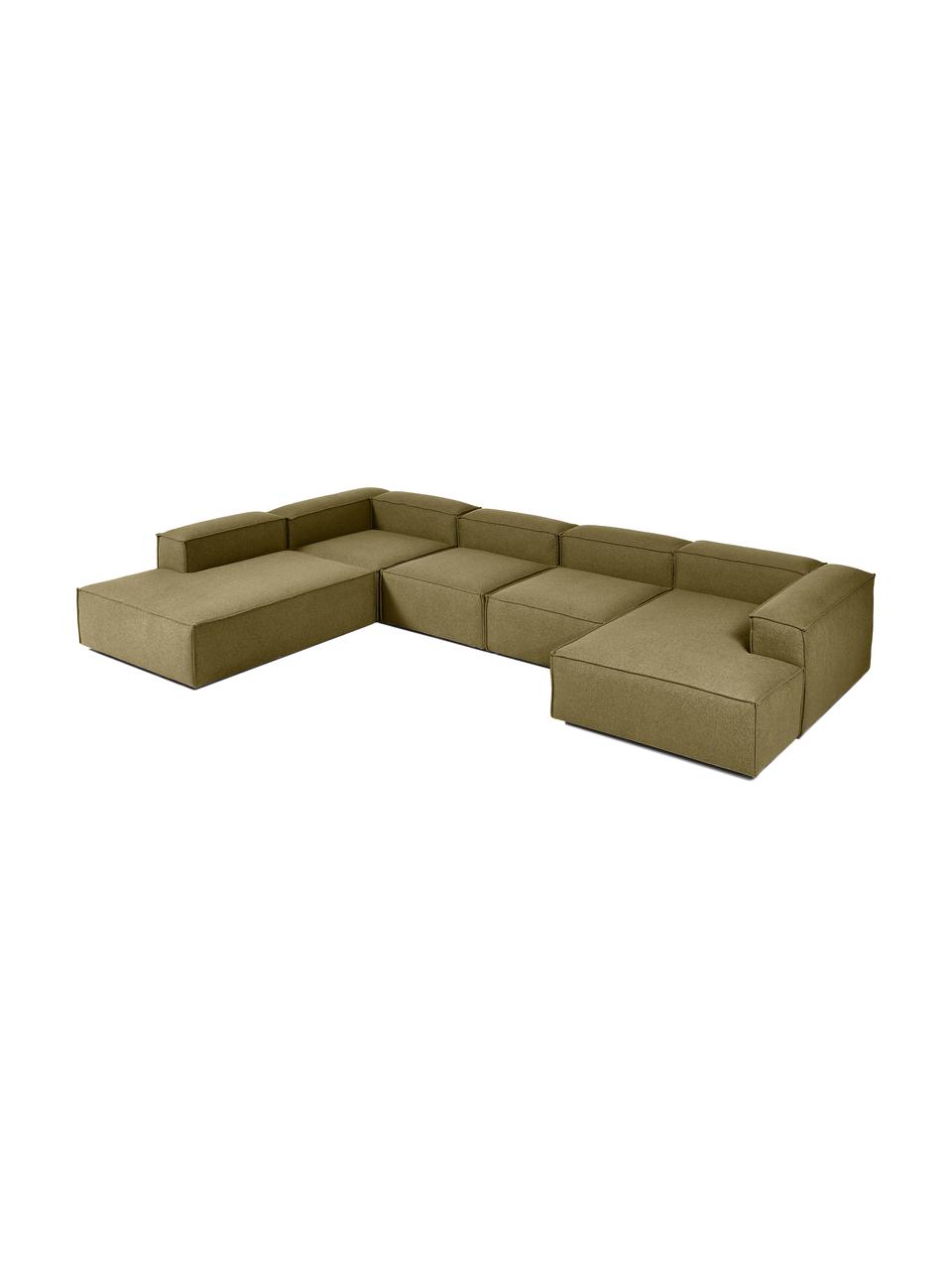 Sofa modułowa Lennon, Tapicerka: 100% poliester Dzięki tka, Stelaż: lite drewno, sklejka, Nogi: tworzywo sztuczne, Zielona tkanina, S 418 x W 68 cm, lewostronna