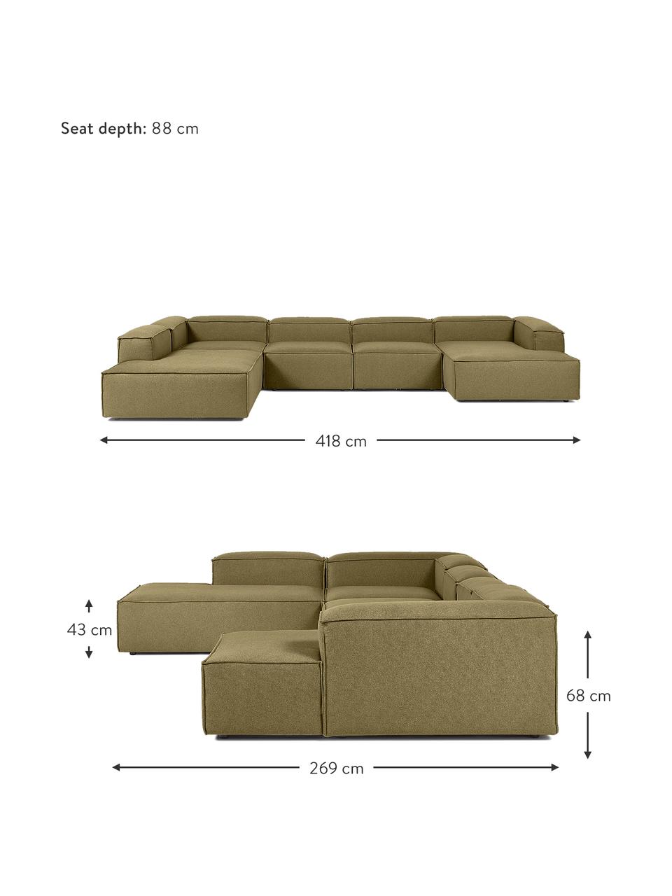 Canapé lounge modulable Lennon, Tissu vert, larg. 418 x prof. 68 cm, méridienne à gauche