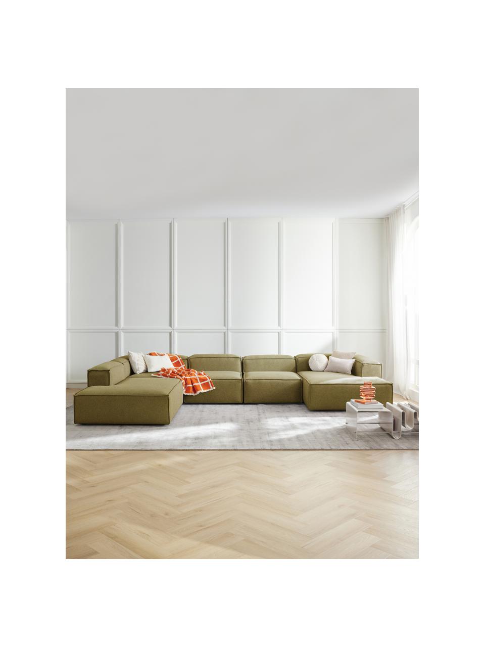 Canapé lounge modulable Lennon, Tissu vert, larg. 418 x prof. 68 cm, méridienne à gauche