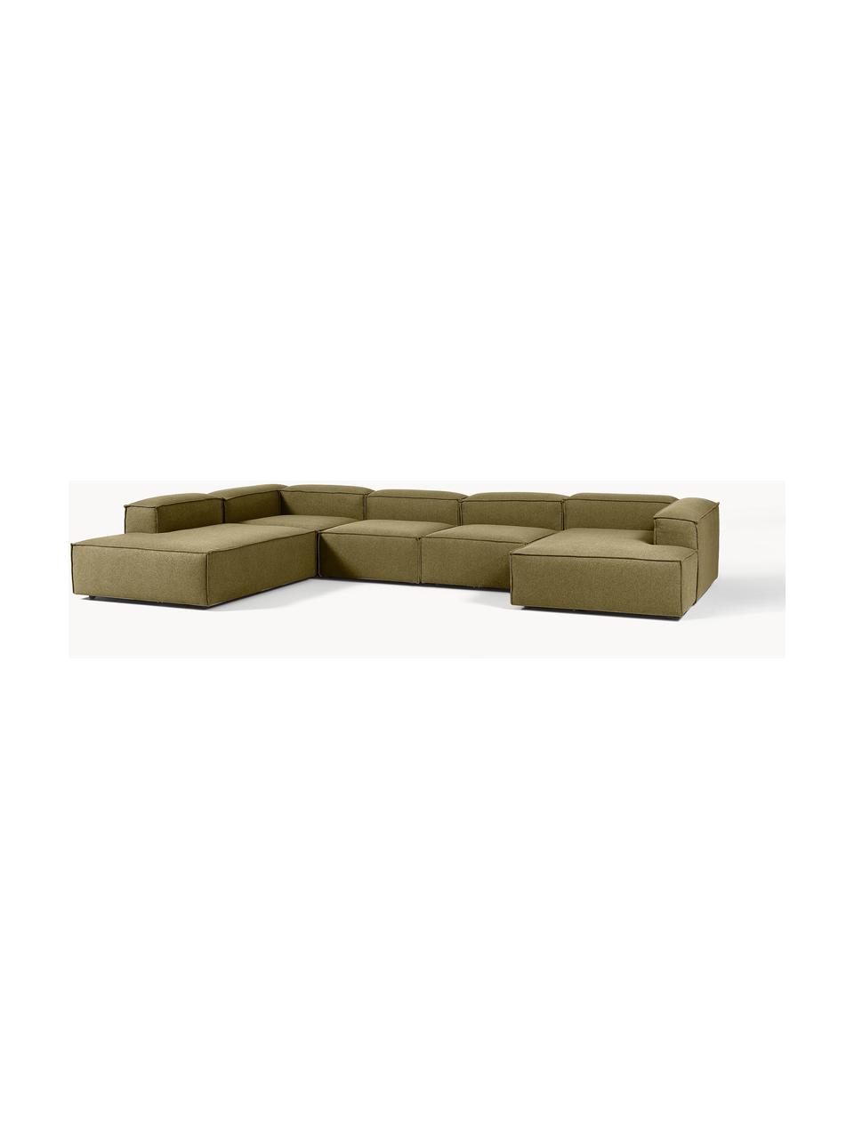 Canapé lounge modulable Lennon, Tissu vert olive, larg. 418 x prof. 269 cm, méridienne à gauche