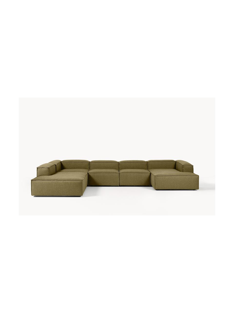 Canapé lounge modulable Lennon, Tissu vert olive, larg. 418 x prof. 269 cm, méridienne à gauche