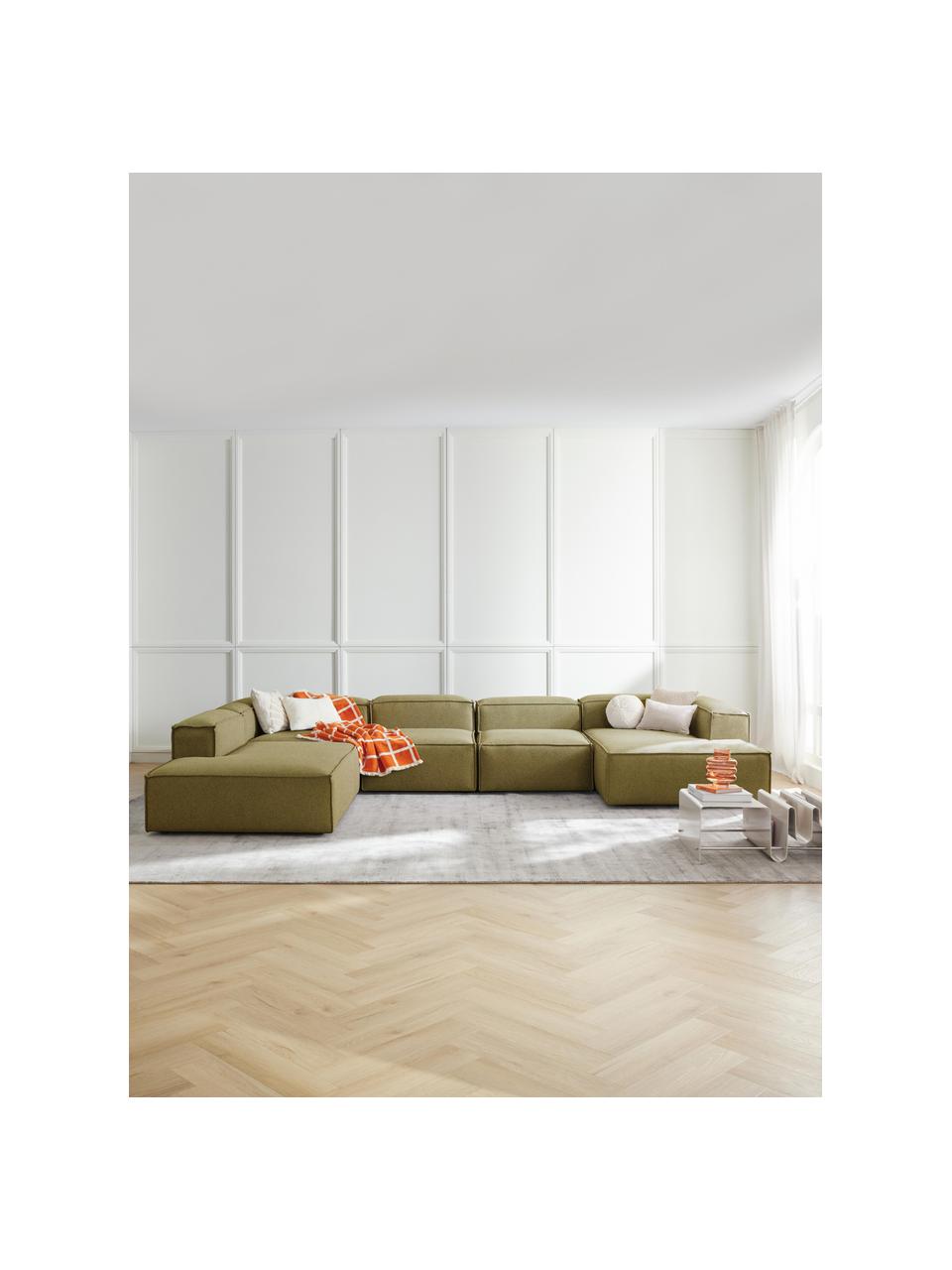 Sofá rinconera modular Lennon, Tapizado: 100% poliéster Alta resis, Estructura: madera contrachapada de p, Patas: plástico Este producto es, Tejido verde oliva, An 418 x F 269 cm, chaise longue izquierda