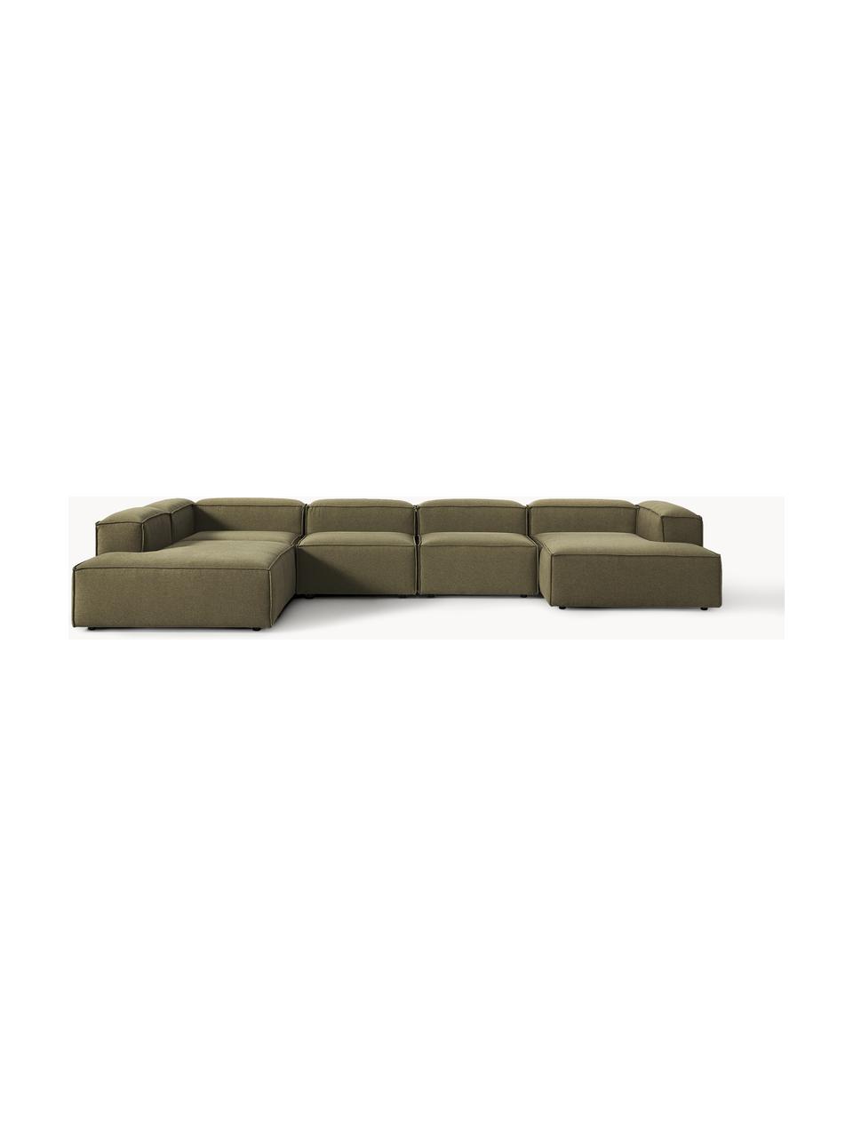 Canapé lounge modulable Lennon, Tissu vert olive, larg. 418 x prof. 269 cm, méridienne à gauche