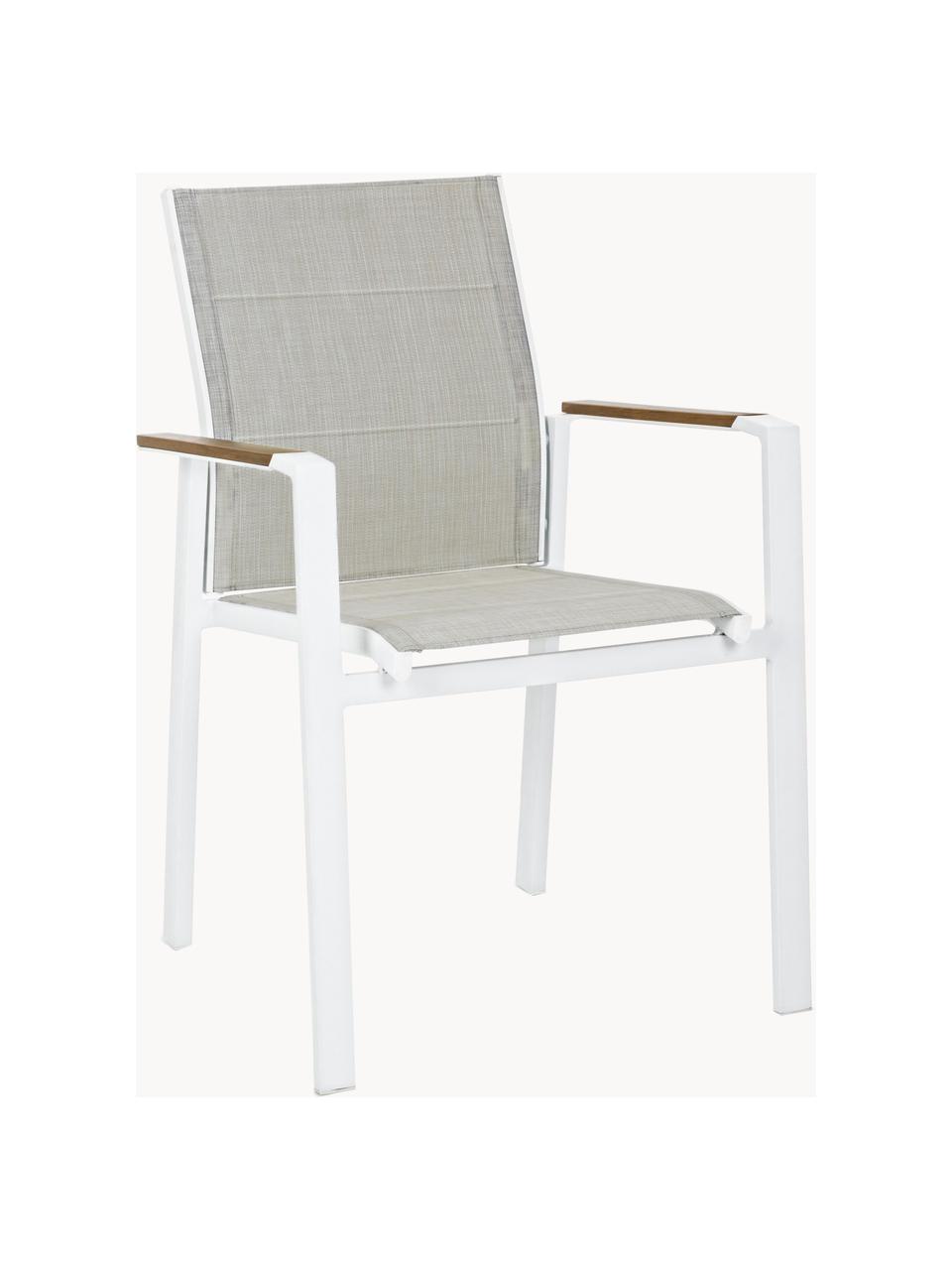 Krzesło ogrodowe z podłokietnikami Kubik, Tapicerka: tkanina, Stelaż: aluminium malowane proszk, Greige, biały, S 57 x G 62 cm