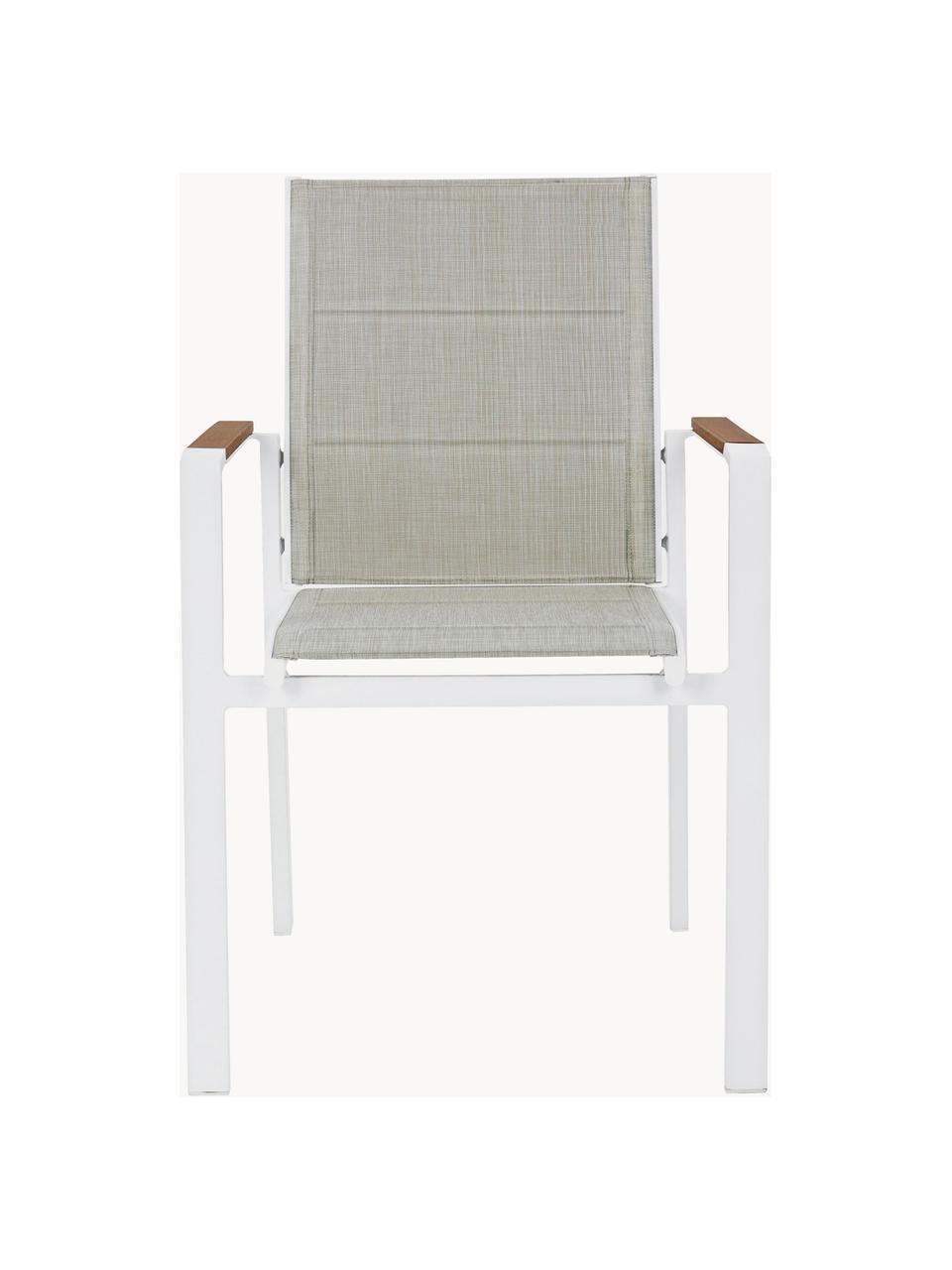Krzesło ogrodowe z podłokietnikami Kubik, Tapicerka: tkanina, Stelaż: aluminium malowane proszk, Greige, biały, S 57 x G 62 cm