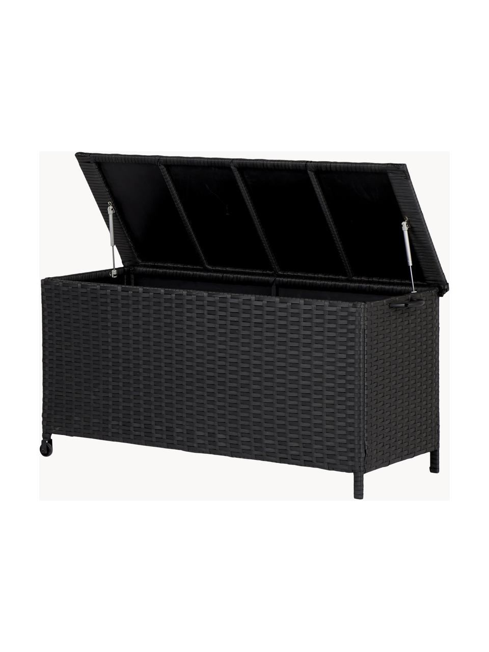 Garten-Aufbewahrungsbox Tullus mit Rollen, Rattan, Kunststoff, Schwarz, B 133 x T 54 cm