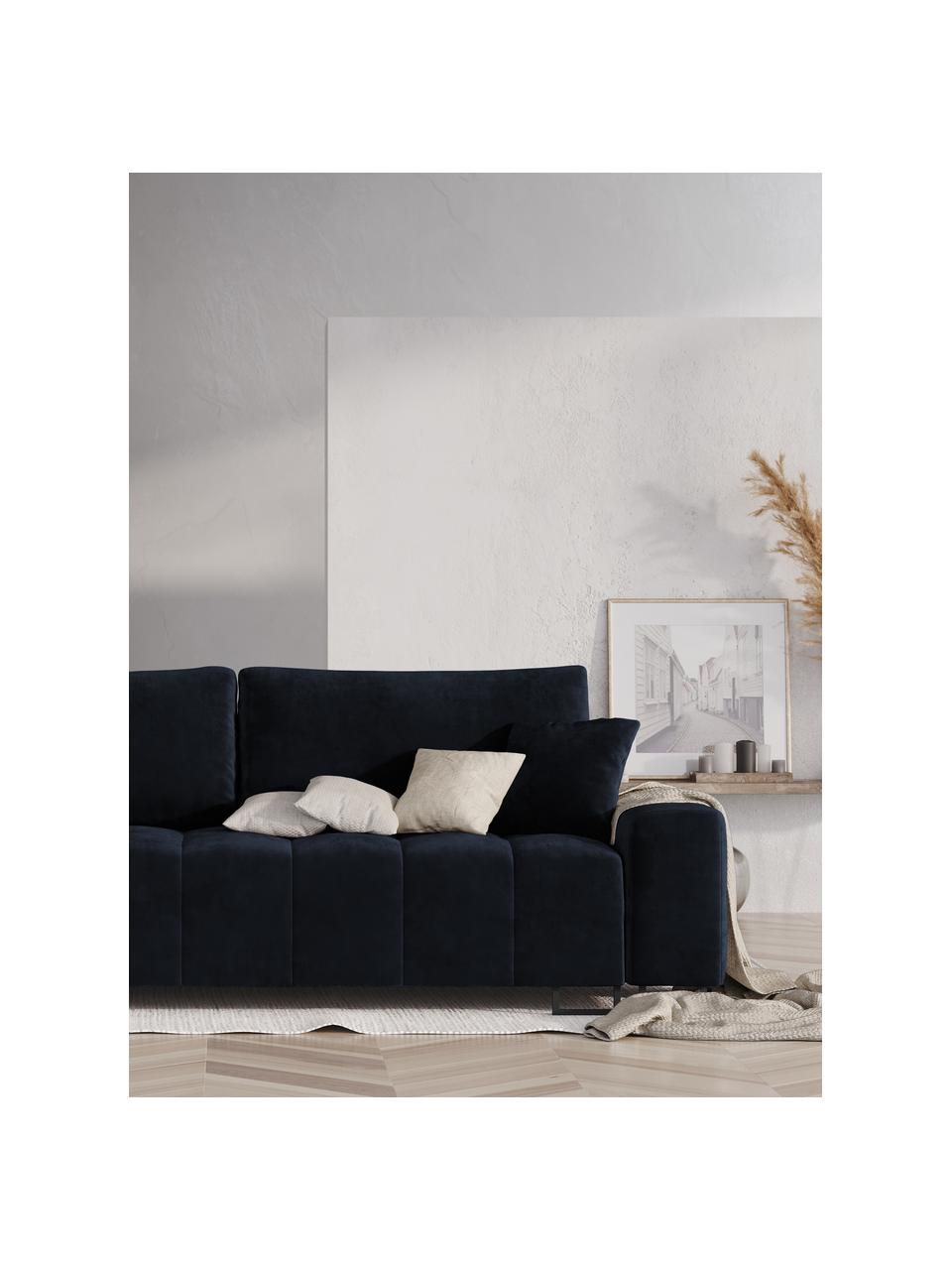 Sofa rozkładana z aksamitu z miejscem do przechowywania Byron (3-osobowa), Tapicerka: aksamit poliestrowy Dzięk, Nogi: metal lakierowany, Ciemny niebieski, S 250 x G 105 cm