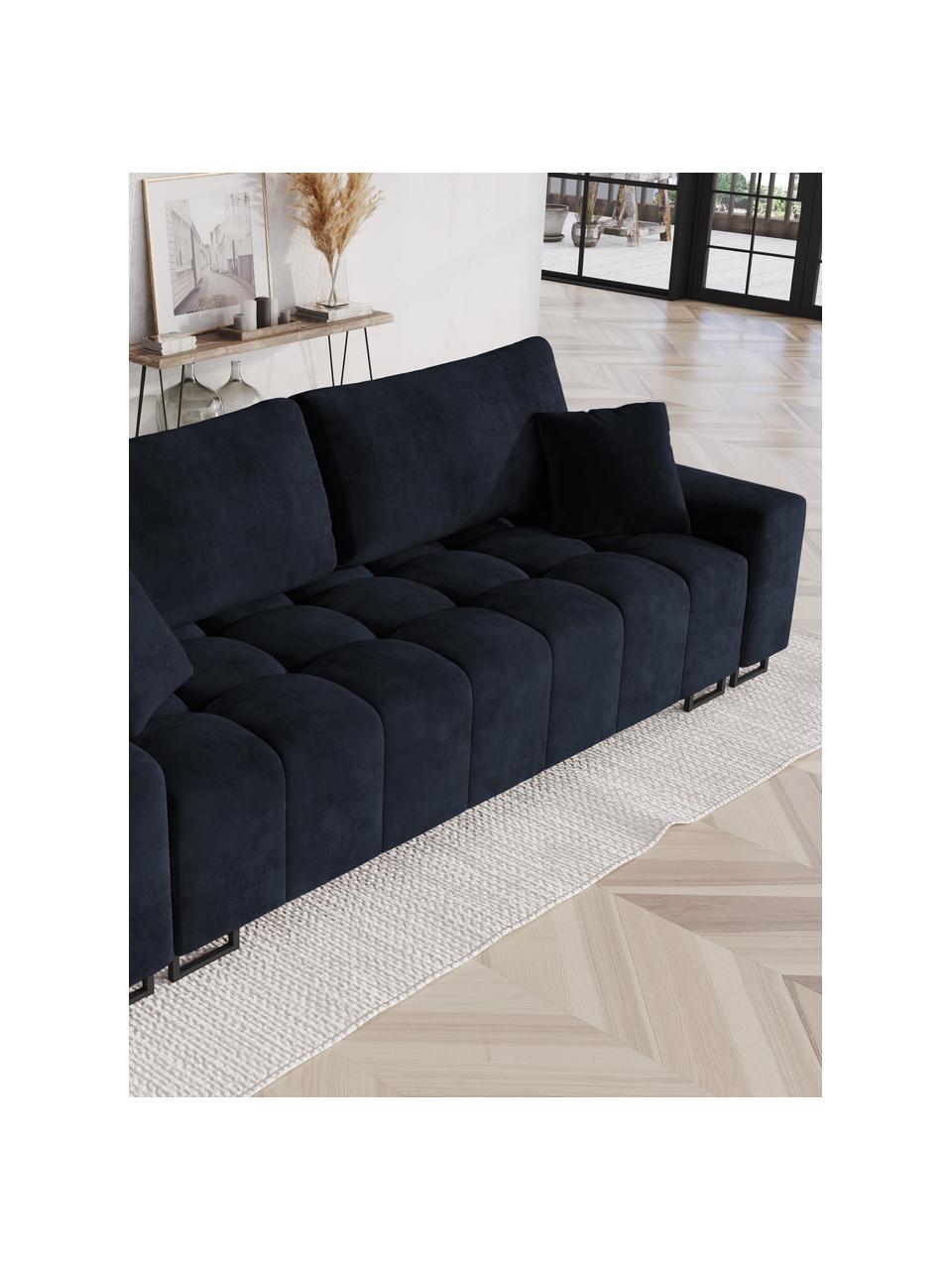 Divano letto 3 posti in velluto con contenitore Byron, Rivestimento: velluto di poliestere Con, Struttura: Pino massiccio, Truciolar, Velluto blu scuro, nero, Larg. 250 x Prof. 105 cm