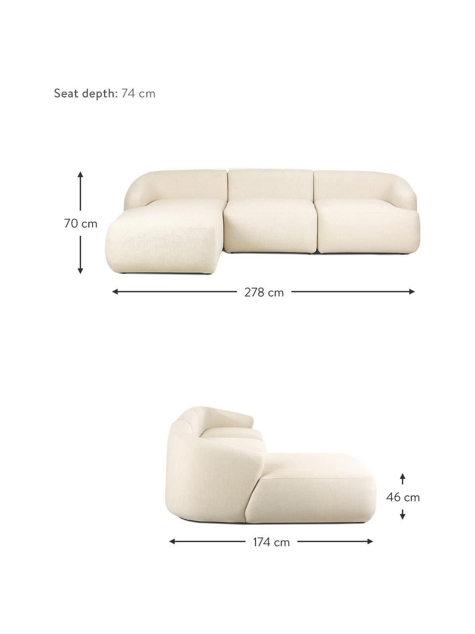 Modulares Ecksofa Sofia, Bezug: 100% Polypropylen Der hoc, Gestell: Massives Kiefernholz, Spa, Füße: Kunststoff, Webstoff Cremeweiß, B 278 x T 174 cm, Eckteil links