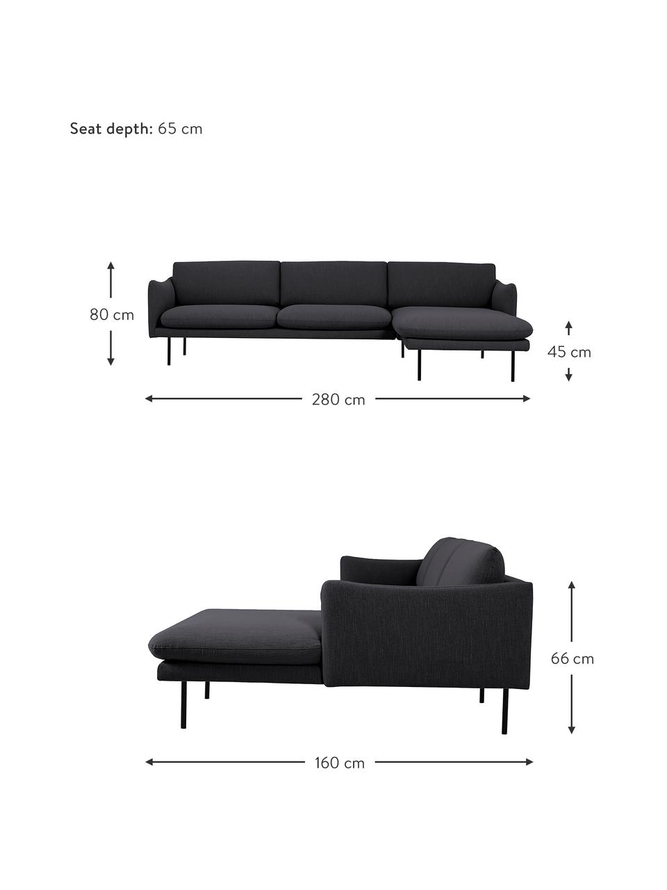 Ecksofa Moby in Dunkelgrau mit Metall-Füßen, Bezug: Polyester Der hochwertige, Gestell: Massives Kiefernholz, FSC, Füße: Metall, pulverbeschichtet, Webstoff Dunkelgrau, B 280 x T 160 cm, Eckteil links