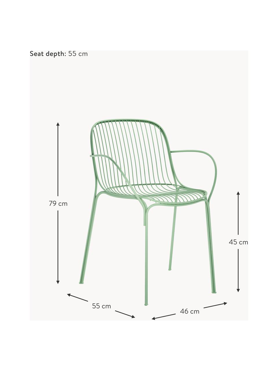 Chaise de jardin à accoudoirs Hiray, Acier galvanisé, laqué, Vert sauge, larg. 46 x prof. 55 cm