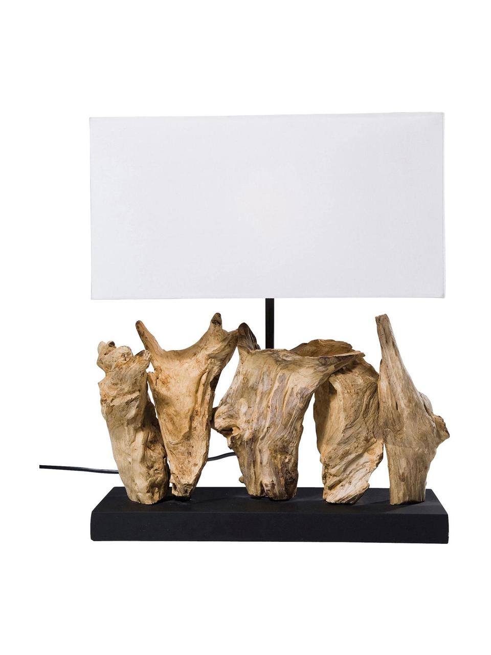 Lampada da tavolo di design in legno Nature, Paralume: cotone, Base della lampada: legno galleggiante, Bianco, marrone, nero, Larg. 35 x Alt. 43 cm